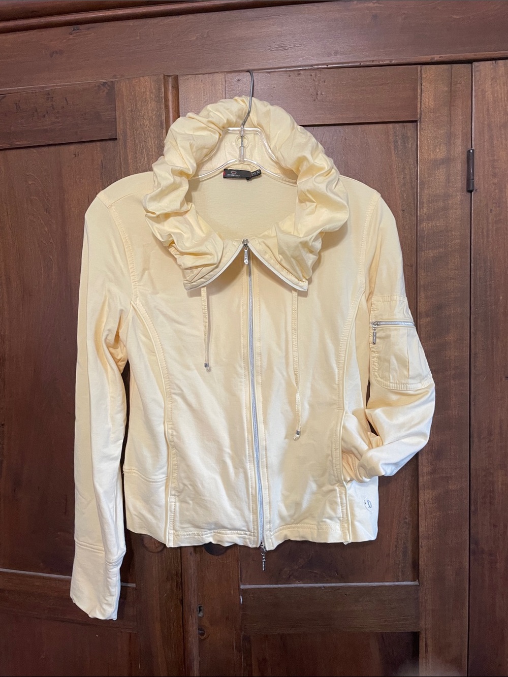 Light Yellow Ruffle Funnel Collar Utility Jacket made in Italy